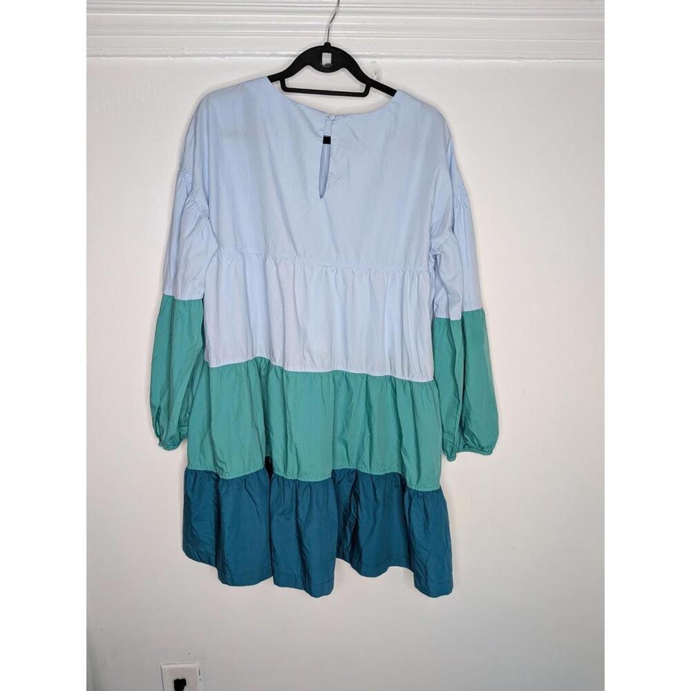 AARON & AMBER Color Block Tiered Mini Dress Blue Teal Green Puff Sleeve Size L - Picture 6 of 8